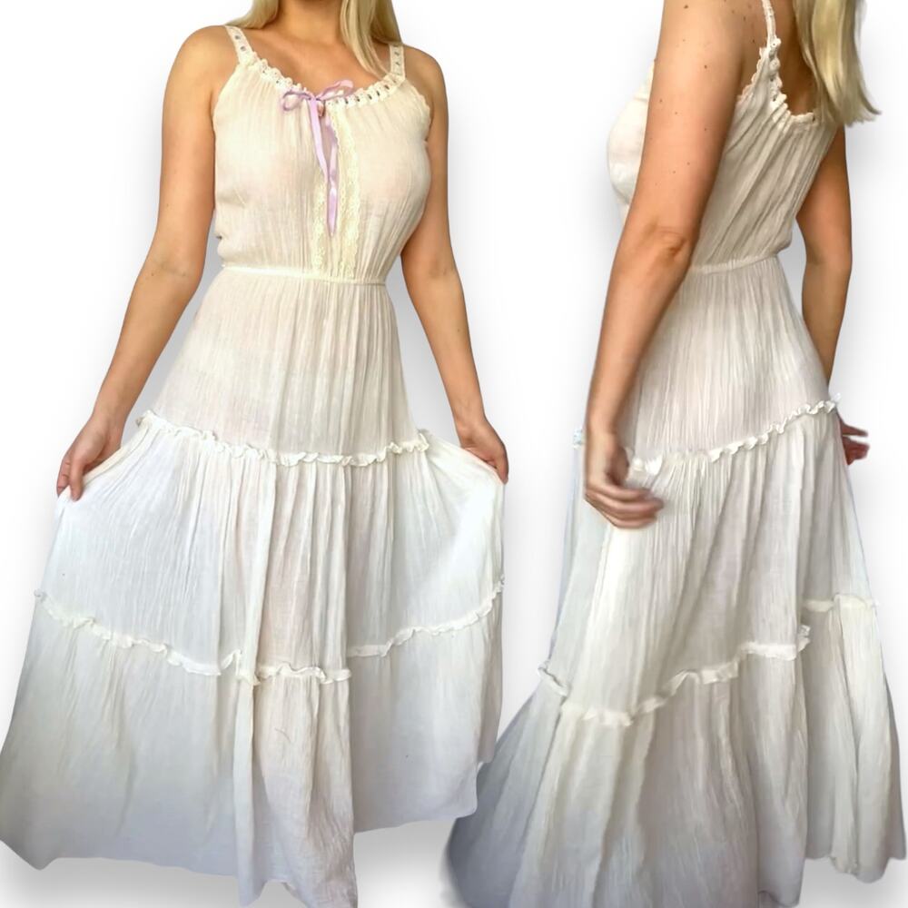Vintage 80s 90s Cream Milkmaid Ribbon Bow Cotton Cottagecore Peasant Maxi Dress